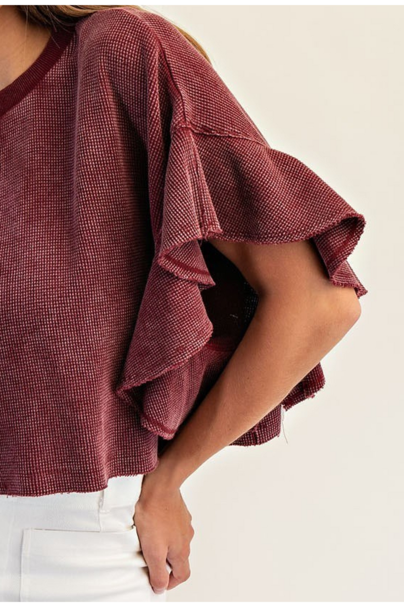 Waffle Knit Flutter Sleeve Top