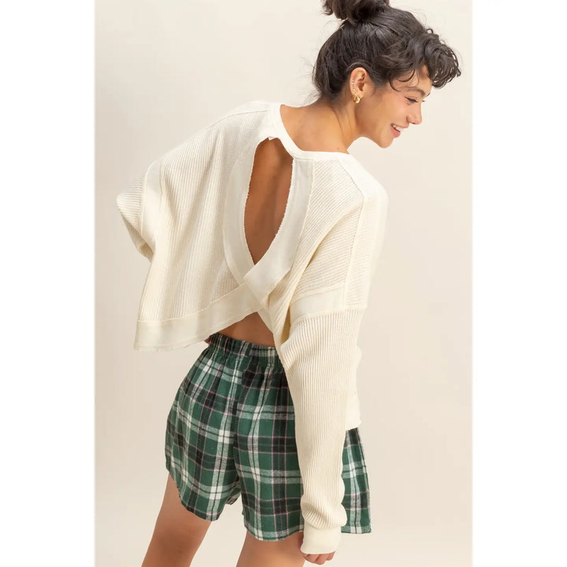 Chic Open Back Knit Long Sleeve Top