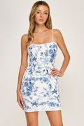 Blue Floral Sequin Spaghetti Strap Dress