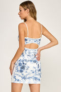 Blue Floral Sequin Spaghetti Strap Dress