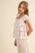 Girls Floral Ruched Shoulder Ruffle Top