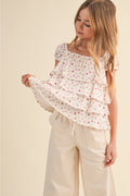 Girls Floral Ruched Shoulder Ruffle Top