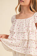 Girls Floral Ruched Shoulder Ruffle Top