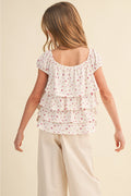 Girls Floral Ruched Shoulder Ruffle Top
