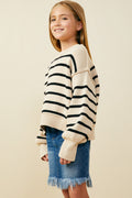 Girls Drop Shoulder Puff Sleeve Striped Sweater