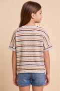 Girls Ladder Stitch Striped V Neck T Shirt