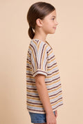 Girls Ladder Stitch Striped V Neck T Shirt