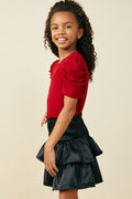 Girls Ribbed Pleated Shoulder Puff Sleeve Top