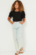 Girls Ribbed Pleated Shoulder Puff Sleeve Top