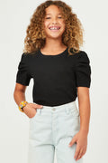 Girls Ribbed Pleated Shoulder Puff Sleeve Top