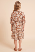 Girls Smocked Neckline Floral Puff Sleeve Dress