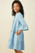 Girls Washed Button Detail Ruffle Sleeve Tencel Dress