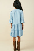 Girls Washed Button Detail Ruffle Sleeve Tencel Dress