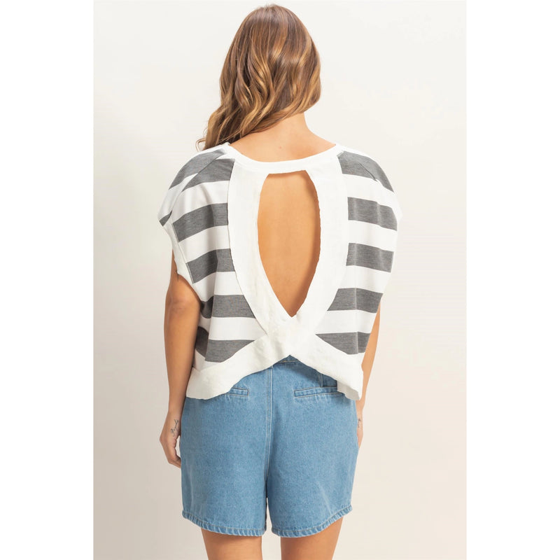 Striped Open Back Boxy Crew Neck Top
