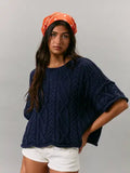 Round Neck Cable Knit Short Sleeve Sweater