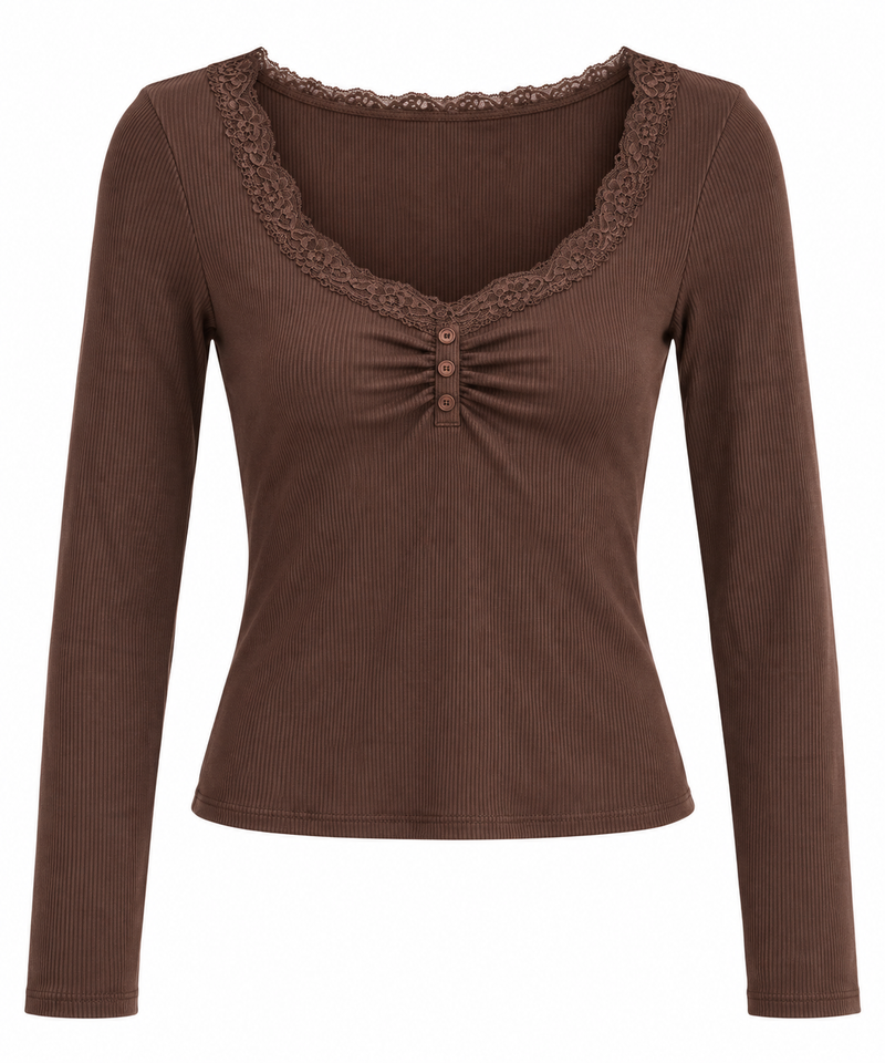 Lace Trim Button Detail Long Sleeve Top