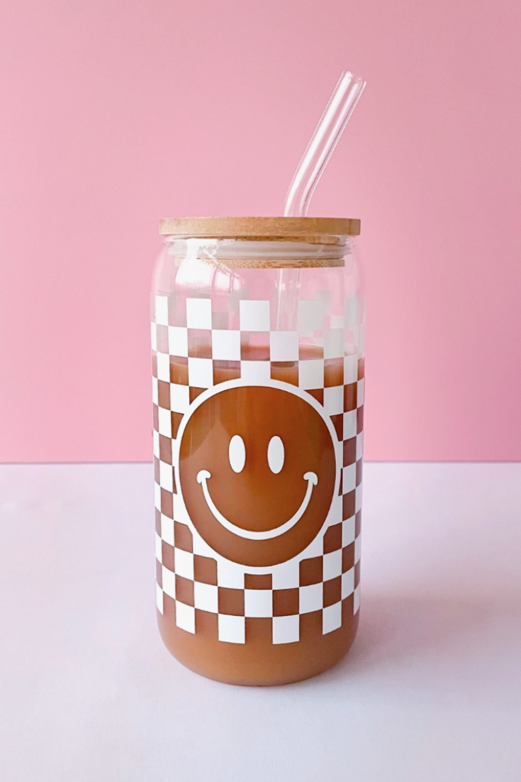 Checkered Happy Face Glass with Straw and Lid