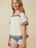 Girls Cotton Slub Textured Embroidered Square Neck Top