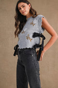 Embroidered Knit Scalloped Vest With Side Bow